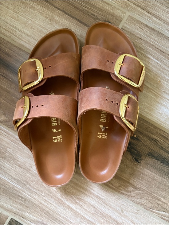 Birkenstock Shoes - Birkenstock Arizona Brown Leather Sandals with Gold Buckles